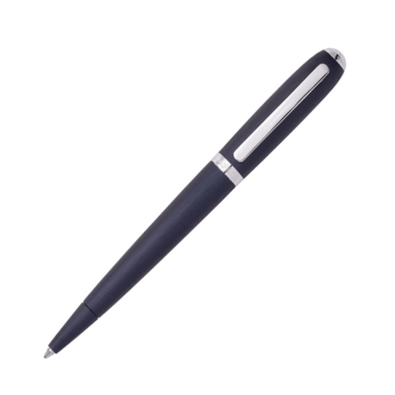 HUGO BOSS navy contour brushed ballpoint pen with sleek design and silver accents, ideal for professional writing.