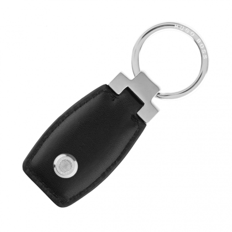 Hugo Boss Pure Leather Black Key Ring with silver hardware, featuring the HUGO BOSS logo embossed on the leather.