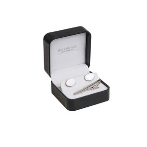 Jon Von Arx Collection men's cufflinks and tie bar set in polished silver tone in black gift box