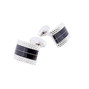 T.M.J men's D-shaped cufflinks with plain metal design and black enamel center detail
