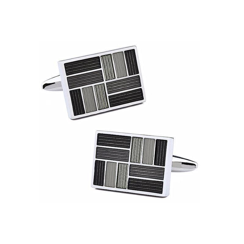 Dalaco Enamel Cufflinks for Men rectangular silver tone cufflinks with black and gray enamel geometric stripe pattern