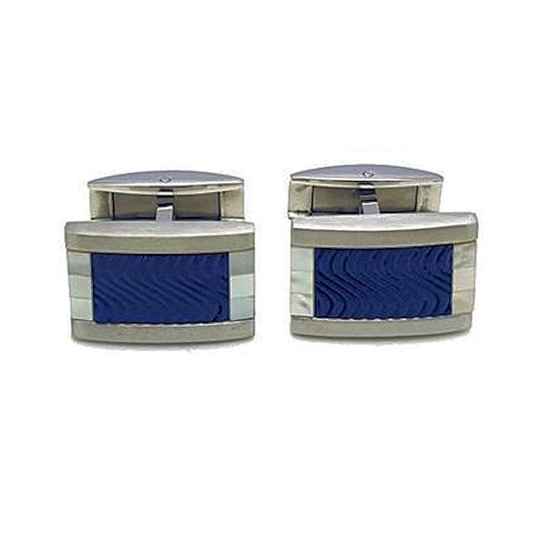 Cudworth men's stainless steel cufflinks with rectangular blue inlay and polished silver edges