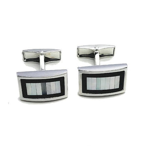 T.M.J mother of pearl and onyx cufflinks with rectangular silver design and black accents