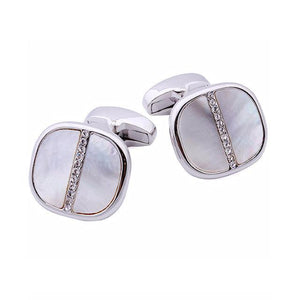 Silver mother of pearl cufflinks with crystal accents in a polished silver setting