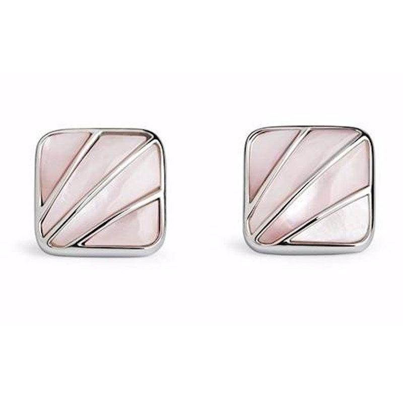 Simon Carter Art Deco pink mother of pearl cufflinks with polished art deco design and metallic detailing.
