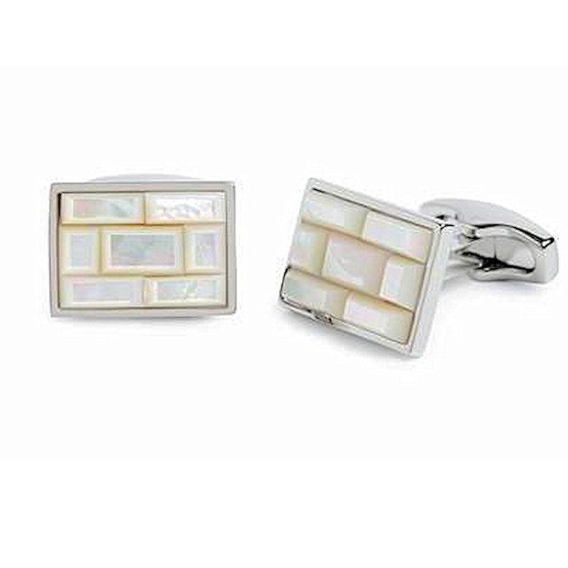 Simon Carter mother of pearl cufflinks with classic design, featuring smooth, iridescent pearl surfaces and silver-tone fixtures.