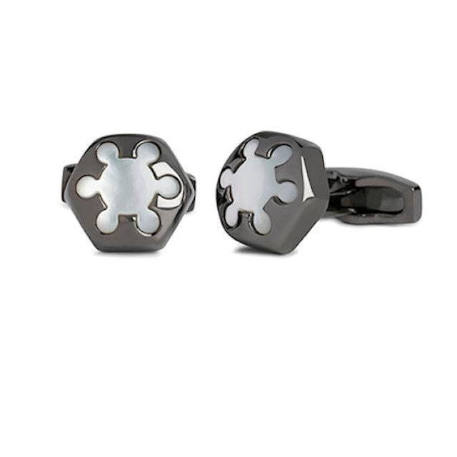 Simon Carter designer mother of pearl cufflinks with hexagon shape, featuring a sleek, elegant finish.