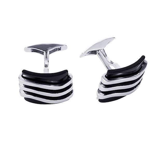 Cudworth sterling silver black agate cufflinks with layered wave design and polished finish