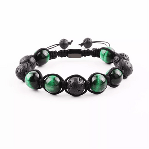Titan Lava and Tiger Eye beaded bracelet with black lava agate and green tiger eye stones in a macramé design.
