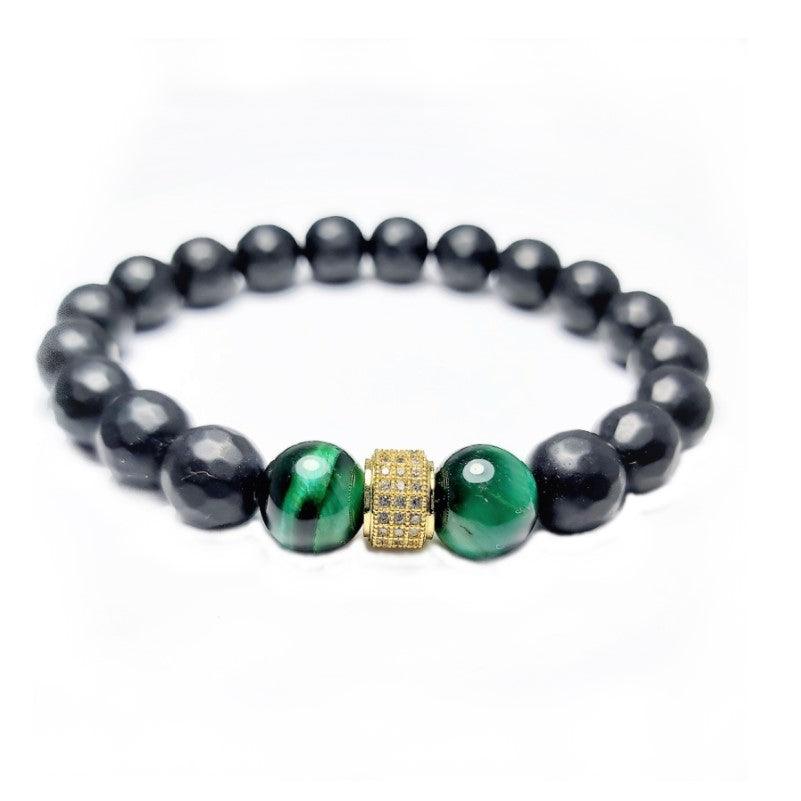 Black faceted agate and green tiger eye beaded bracelet with round beads, showcasing natural stone textures and vibrant colors.