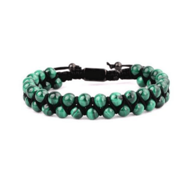 Natural Malachite double beaded bracelet with 6mm beads from T.M.J, featuring vibrant green gemstone beads and elastic stretch fit.