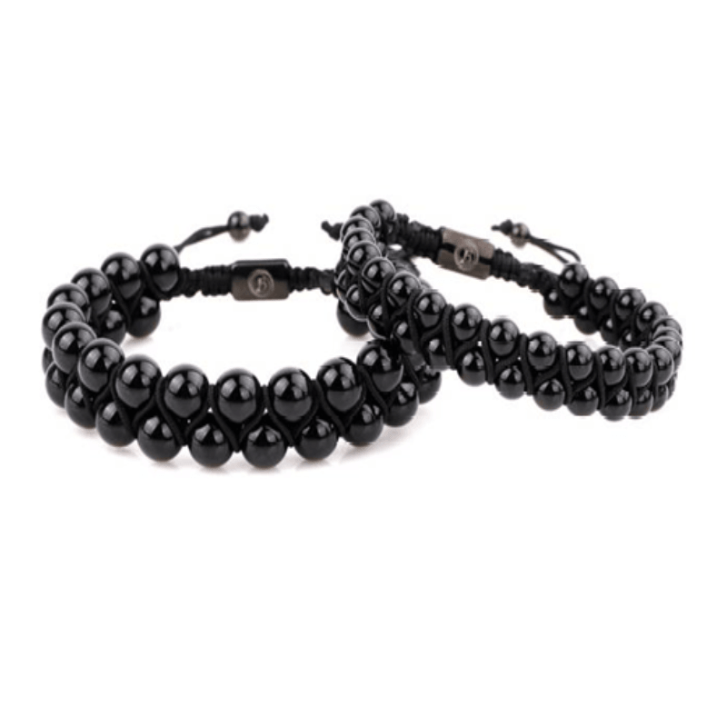 Onyx Double Macramé Beaded Bracelet by T.M.J featuring black onyx beads and intricate macramé design.