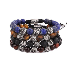 T.M.J bead bracelet with brown tiger eye stones, macramé design, stainless steel spacer beads, and natural stone accents.