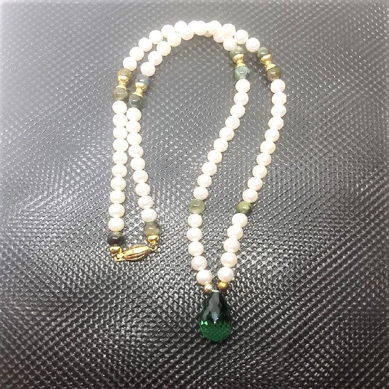 Cultured pearls and briolette quartz tourmaline beaded necklace by T.M.J, featuring elegant gemstone beads and classic pearl accents.