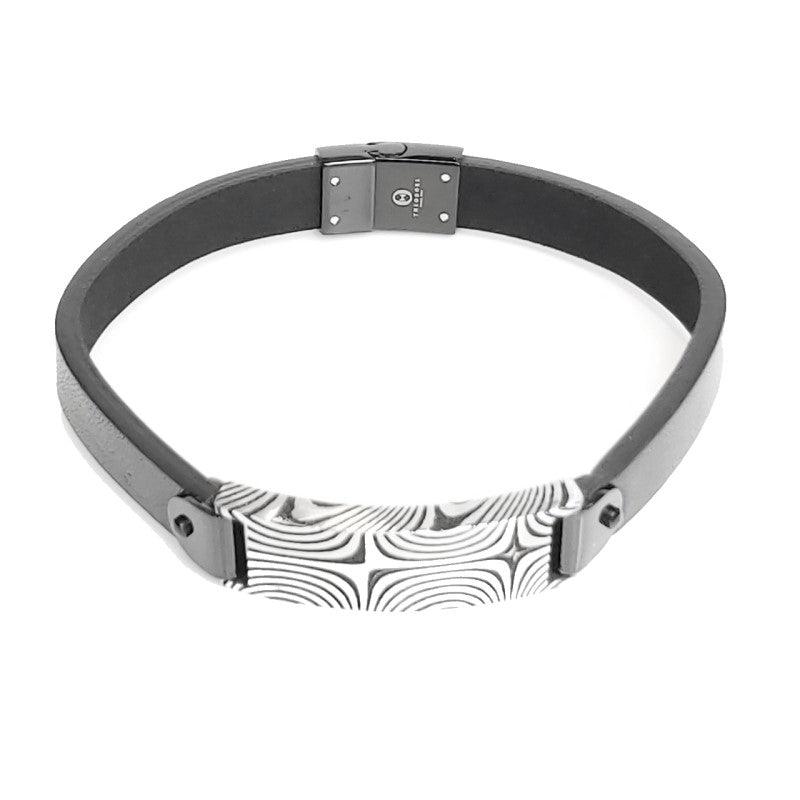 Damascus steel black plated ID leather bracelet with black leather strap, stylish men's jewelry by T.M.J.