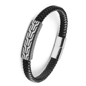 Stainless steel chevron pattern ID bracelet with black braided leather band from T.M.J leather bracelets collection.