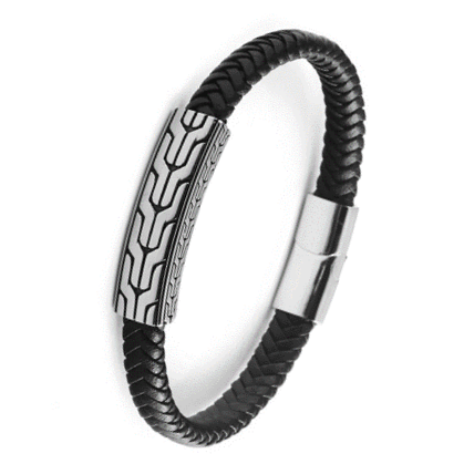 Stainless steel chevron pattern ID bracelet with black braided leather band from T.M.J leather bracelets collection.