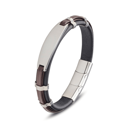 Stainless steel leather bangle bracelet by T.M.J with metal detail and ID plate, showcasing a stylish leather accessory.