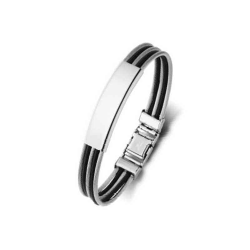 Stainless steel men's bangle with black rubber and wire detail, part of T.M.J leather bracelets collection.