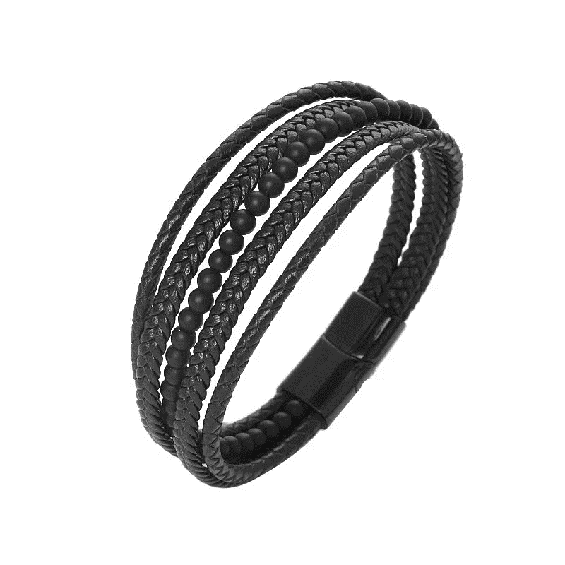 Stainless steel men's black breaded leather multi-bangle bracelet with matte agate details, stylish leather jewelry for men.