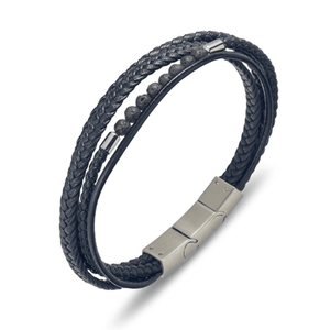 Stainless steel men's black leather lava bangle with steel details, stylish leather bracelet by T.M.J.