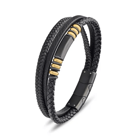 T.M.J stainless steel multilayer braided leather and G-plated ID bracelet, close-up of stylish men's leather bracelet design