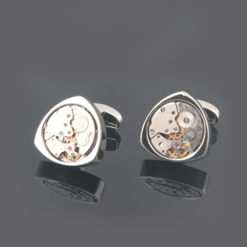 Black triangle mechanical cufflinks featuring a round gear design inspired by T.M.J's men's tourbillon watch.