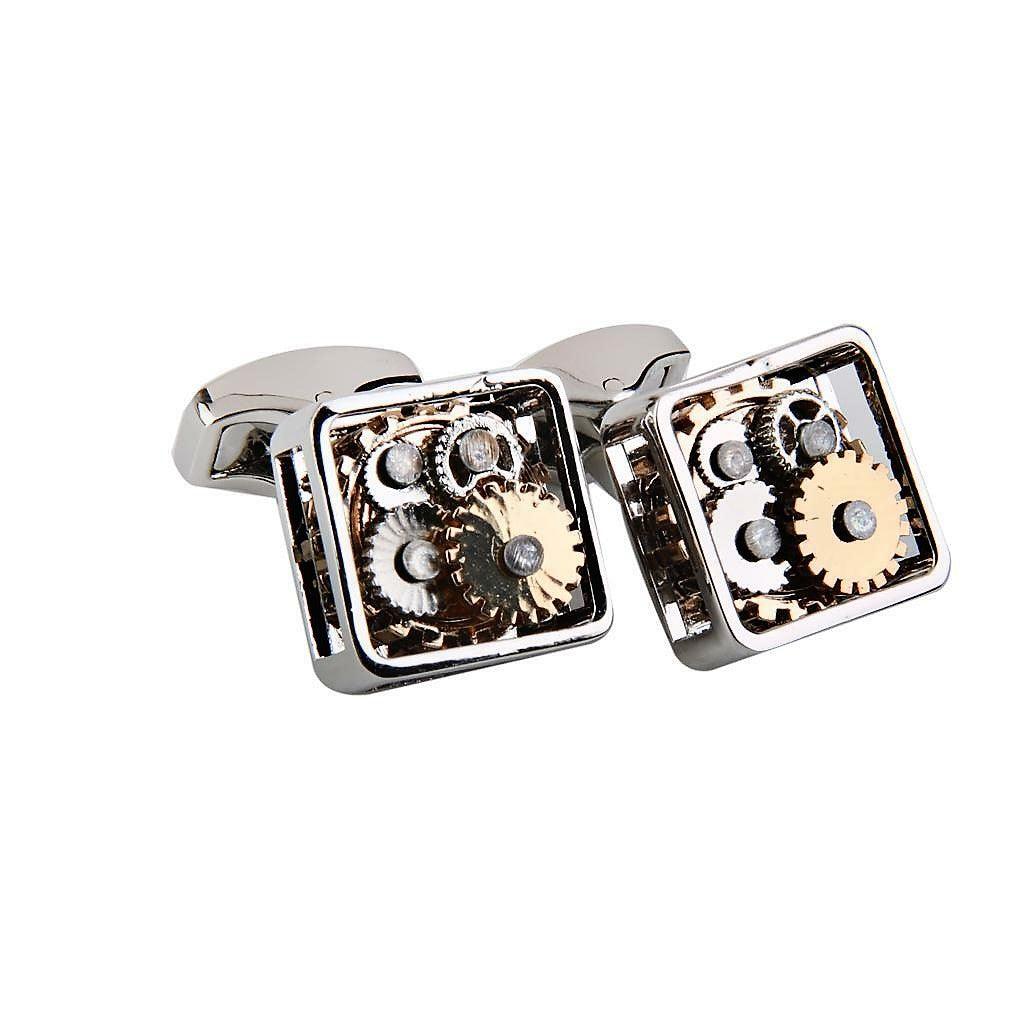 Silver T.M.J Steampunk Gear Cufflinks with intricate mechanical design and gear details, perfect for stylish formal wear.