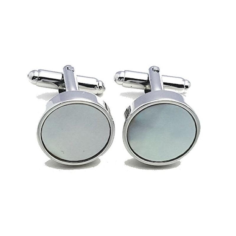 Elegant T.M.J mother of pearl cufflinks for men, featuring shiny pearl in a classic jewelry design