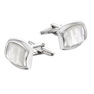 T.M.J mother of pearl cufflinks with silver frame, showcasing polished pearl and sleek metallic design for formal accessories.
