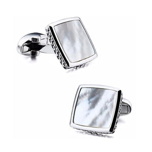 T.M.J mother of pearl cufflinks with elegant square design and gunmetal rhodium finish, showcasing polished mother of pearl surfaces.