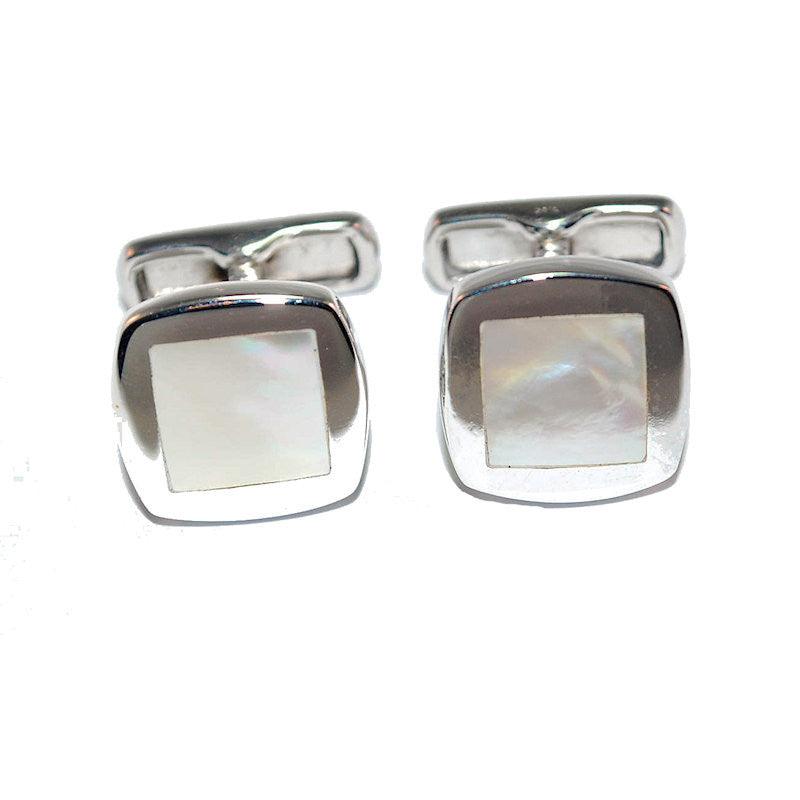 Sterling silver cufflinks with round mother of pearl inserts, polished finish, elegant men's jewelry accessory.