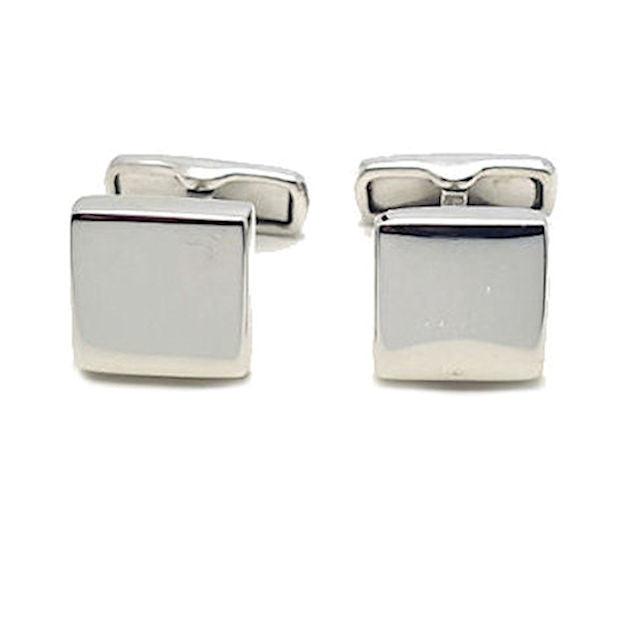 Sterling silver engravable cufflinks with a classic square design by T.M.J, showcasing polished silver surface and sleek style.