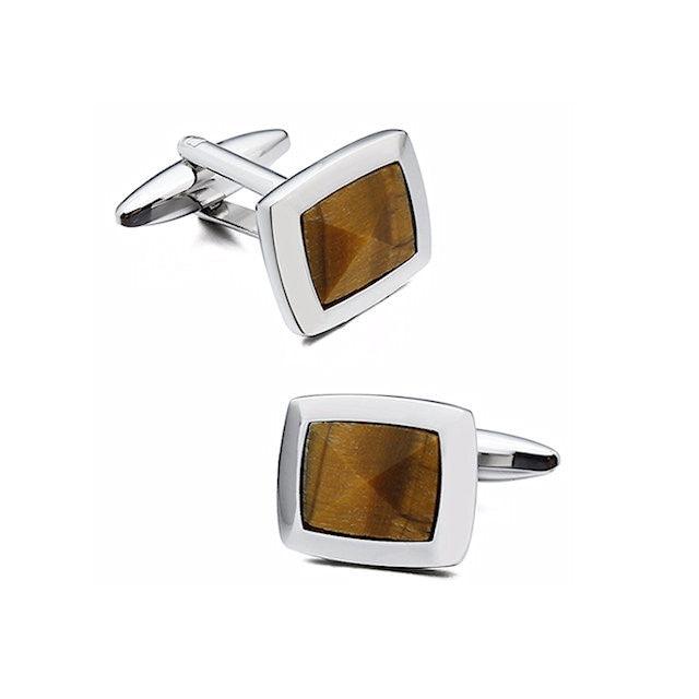 T.M.J Tiger Eye Stone Cufflinks with silver frame, showcasing polished oval tiger eye stones set in sleek silver cufflink design.