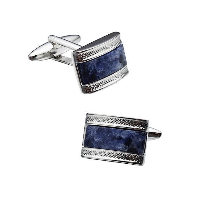 T.M.J Sodalite stone cufflinks for men, handcrafted jewelry with a polished blue and white stone design.