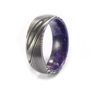 Men’s Damascus steel titanium ring with purple hard wood inner sleeve, 8mm wide, by T.M.J.