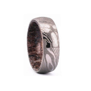 Titanium ring with Damascus steel and deer antler inlay, comfort fit design, polished finish by T.M.J.