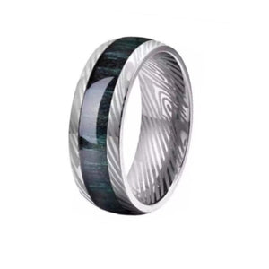 Men’s Damascus steel titanium ring with blue hard wood inlay, 8mm, by T.M.J, featuring a sleek, modern design and intricate steel pattern.