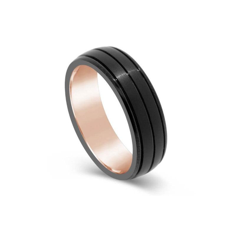 Tungsten Carbide and Rose Gold Ring by T.M.J, showcasing a stylish mixed-metal design with polished finish