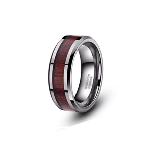 Silver tungsten carbide ring with walnut wood inlay, 8mm wide, showcasing a sleek, modern design for men's jewelry.