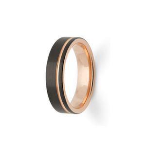 Black and rose gold tungsten carbide ring for men, 6mm wide, with a sleek, polished finish and T.M.J branding.