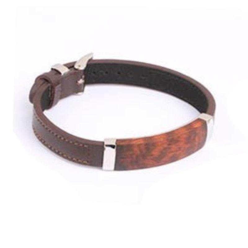 Brown Leather Leopard Wood Inlay and Stainless Steel Bracelet