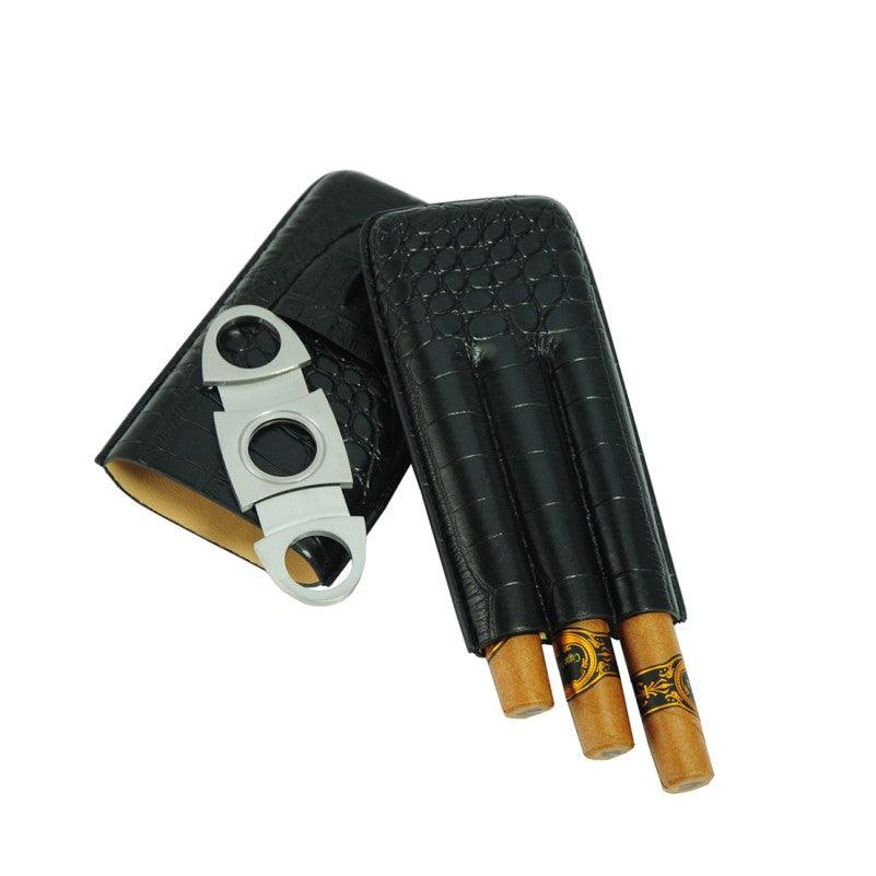 Brown Leather Travel 3 Finger Cigar Case and CutterLuxurious 3 finger case holds 3 cigars up to ring gauge 51. Classy design - case is made of high quality PU leather (faux, artificial leather).Protect your cigars wiTravel Cigar CaseT.M.JTheodore Men's JewelryBrown Leather Travel 3 Finger Cigar Case