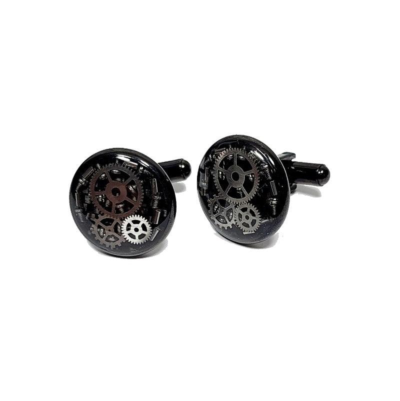 Mechanical Watch IP Plated Black Stainless Steel Cufflinks with Carbon Fiber Background and Suspended Gears