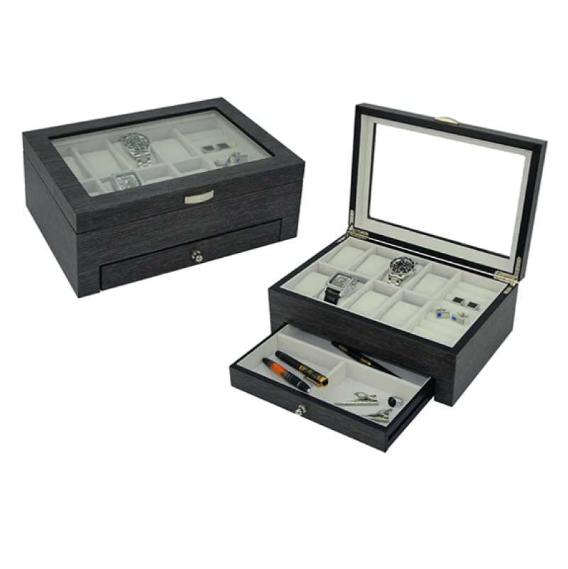 Wooden men's watch and jewellery box with divided drawer