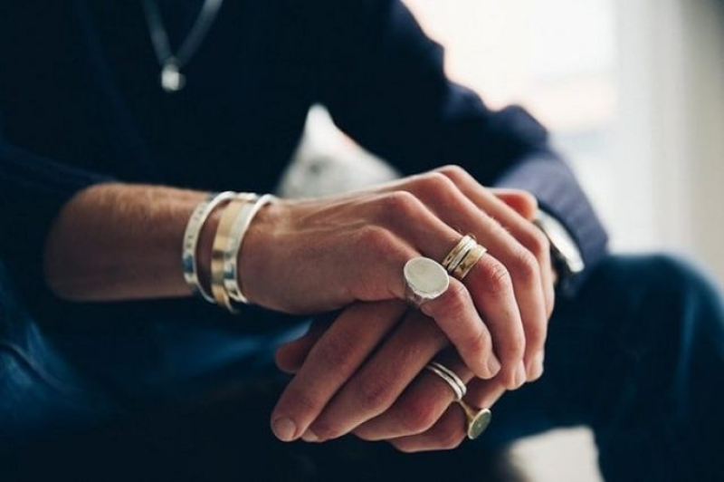 Contemporary men's rings, bracelets and necklaces arranged for an Australian style guide