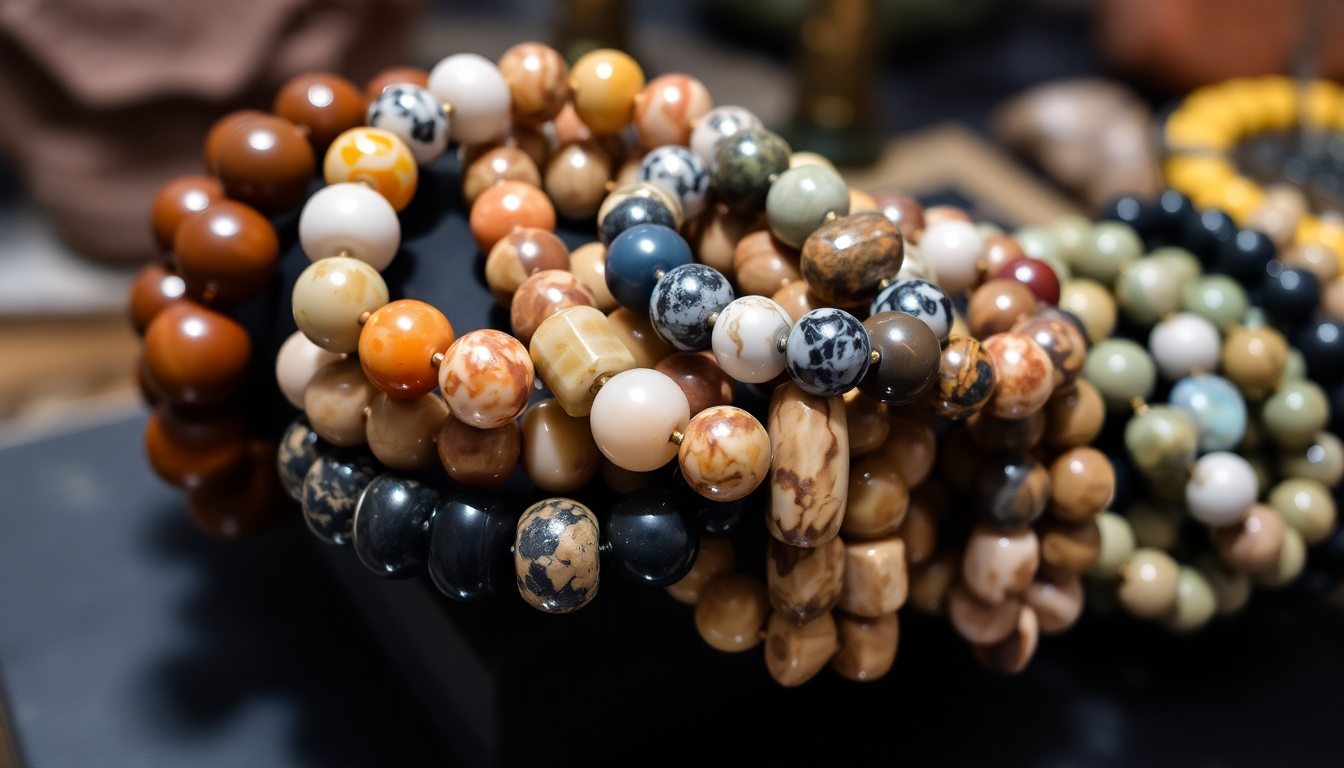 Handcrafted natural stone mens bracelets on a display 