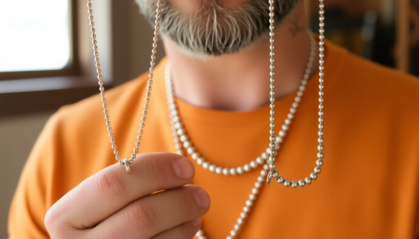 Man comparing stainless steel and sterling silver bead necklaces