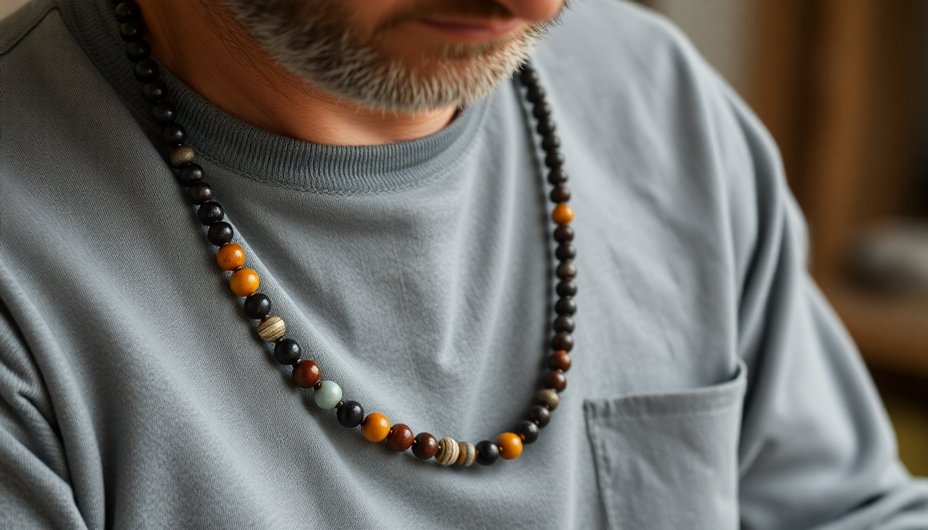 Artisan crafting men's bead necklace in Melbourne studio
