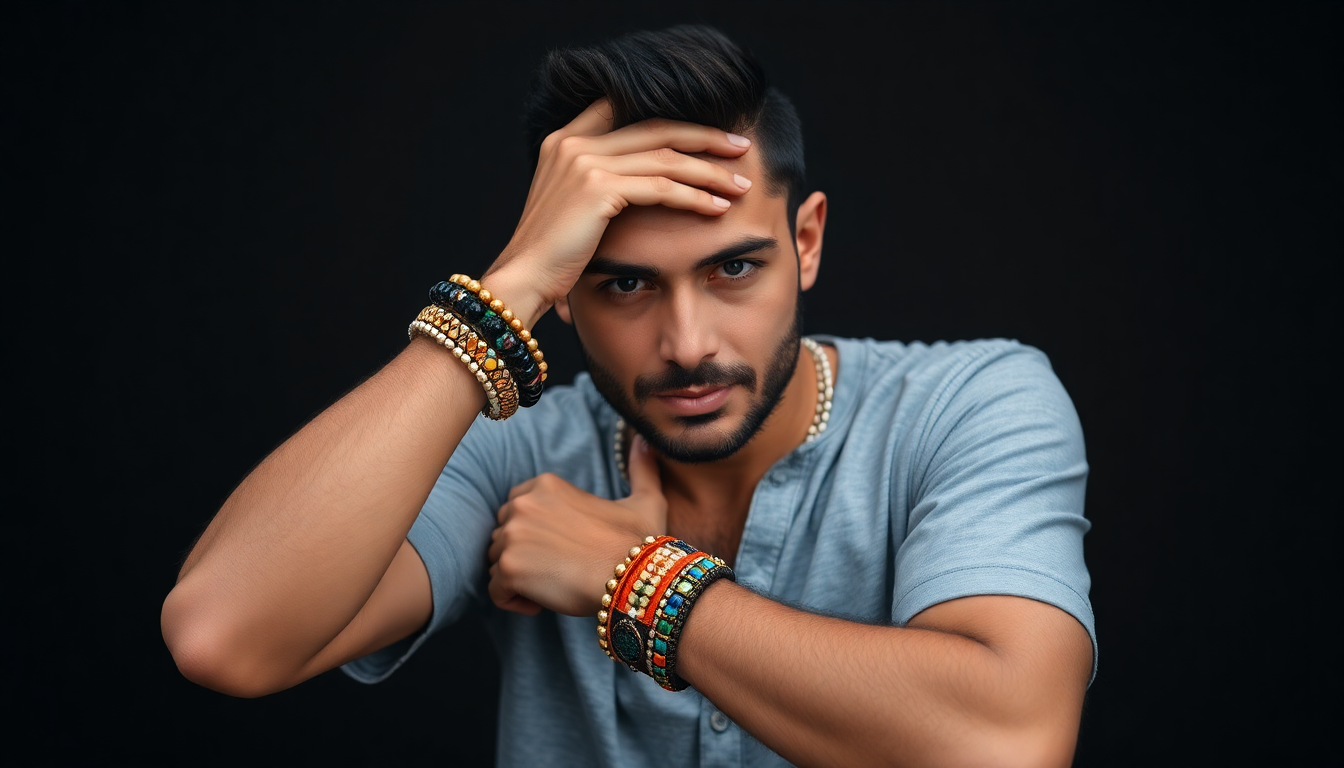 white male model wearing beaded bracelets 